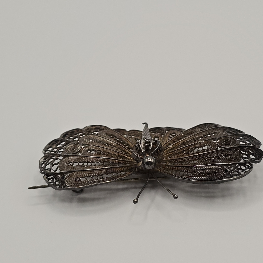 VTG Silver Filigree Butterfly Brooch Pin Pendant 1950s-60s Mid Century Jewelry - Picture 2 of 11